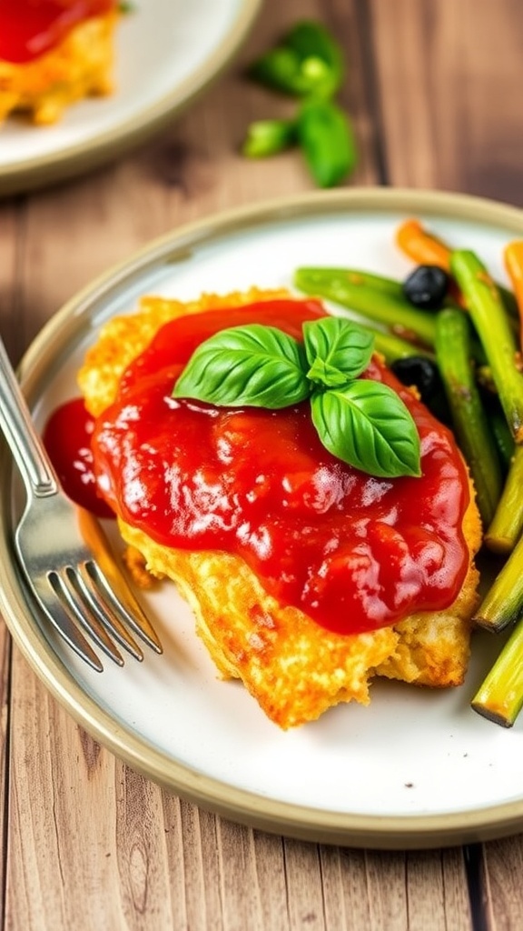 Whole30 Air Fryer Chicken Parmesan with marinara sauce and basil on a rustic wooden table.